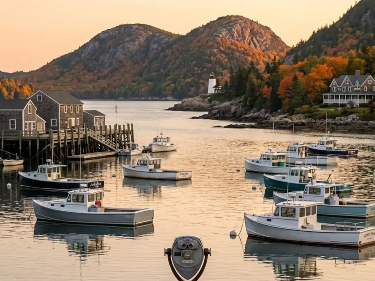 Lobster boats moored in a calm Maine harbour at golden hour, autumn hills behind